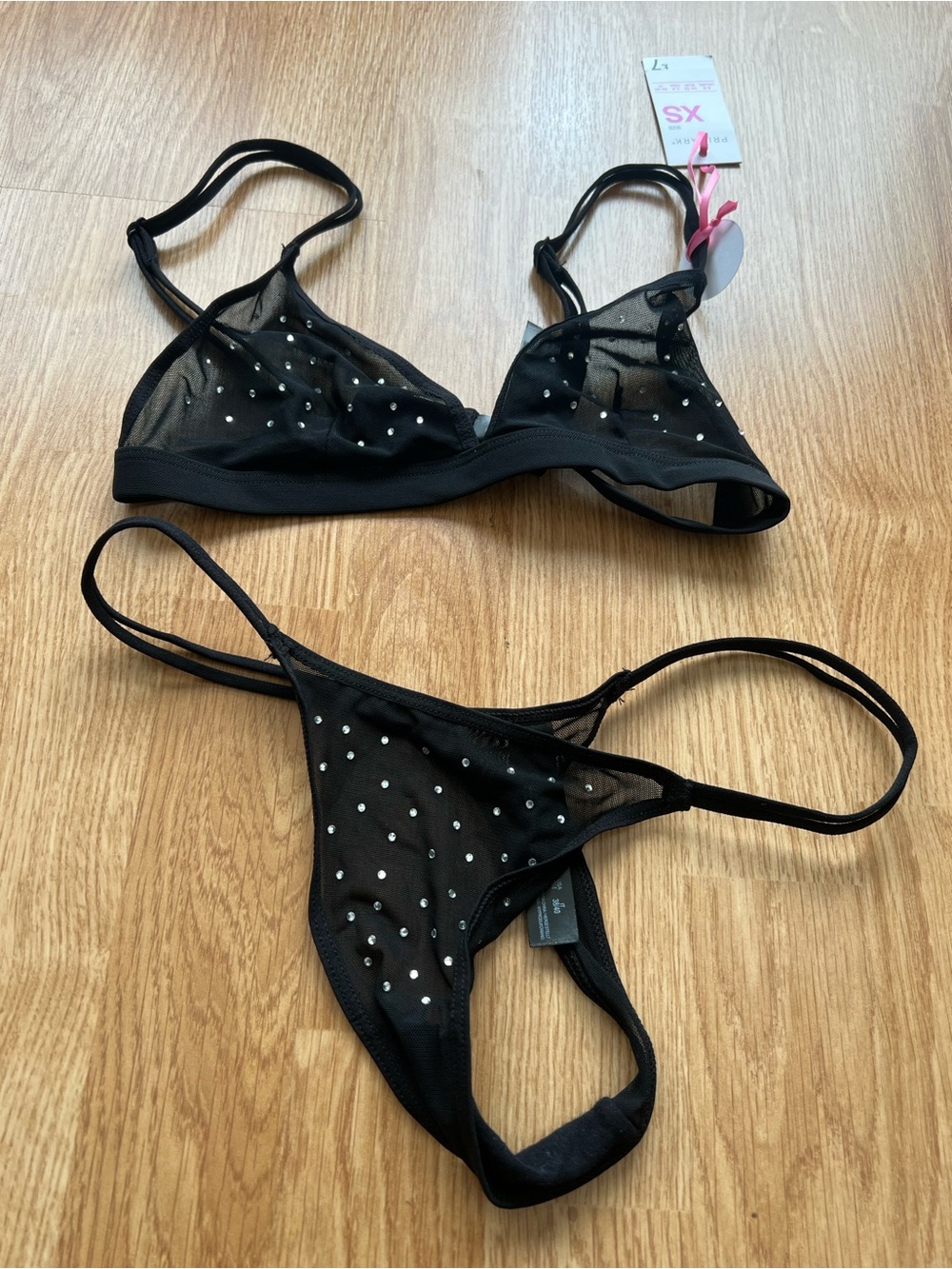 Black Mesh Rhinestone lingerie Set - Women